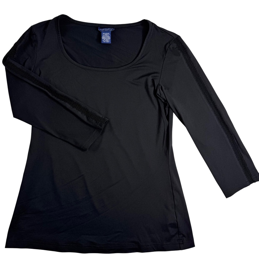 Doncaster Collection Womens Black Scoop Neck 3/4 Sleeve Mesh Trim Top Size Small